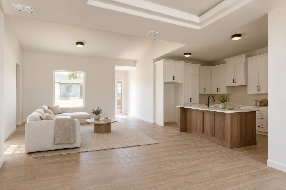 Rendering of the 431 Padre living area open to the kitchen, with a walnut island, white cabinets and wood-look tile floors.