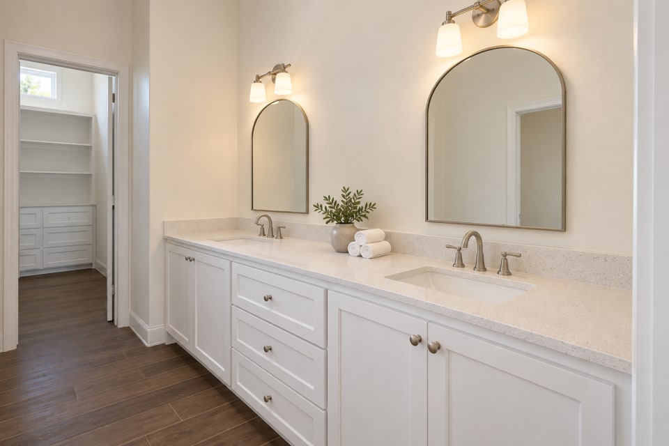 Rendering of the 433 Padre primary bath double vanity with Alabaster cabinets, Pebble White quartz, two arched mirrors, nickel faucets and dark wood-look tile floors.