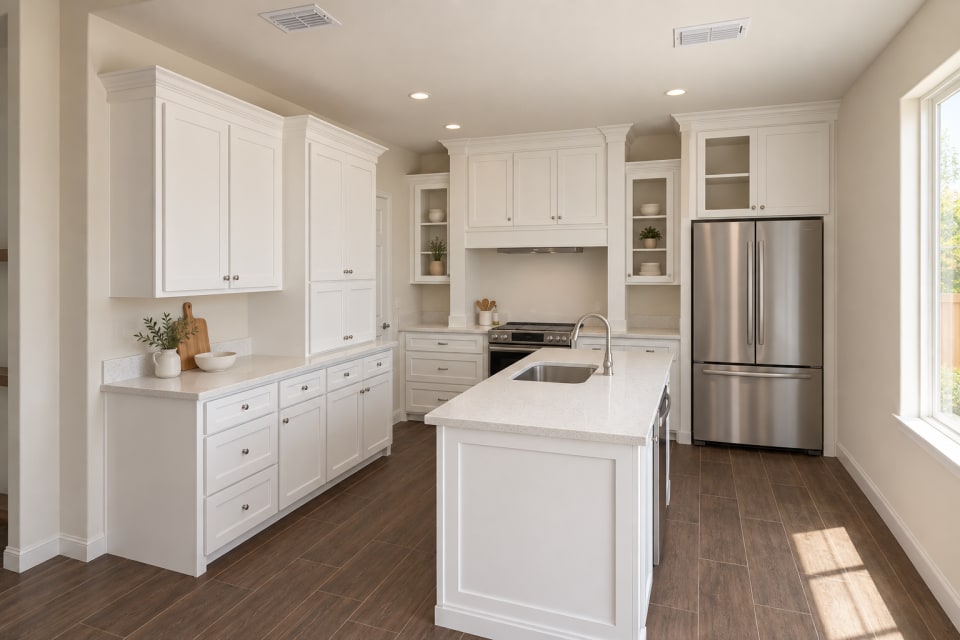 Rendering of the 433 Padre kitchen with Alabaster cabinets and island, Pebble White quartz, nickel hardware and Denmark Dark Brown wood-look tile floors.