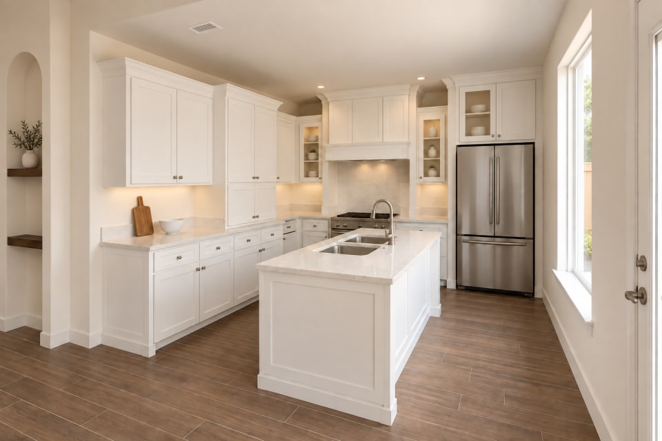 Rendering of the 433 Padre kitchen from the dining side, with an arched wall niche, Alabaster cabinets, a long island with a double sink, and dark wood-look tile floors.