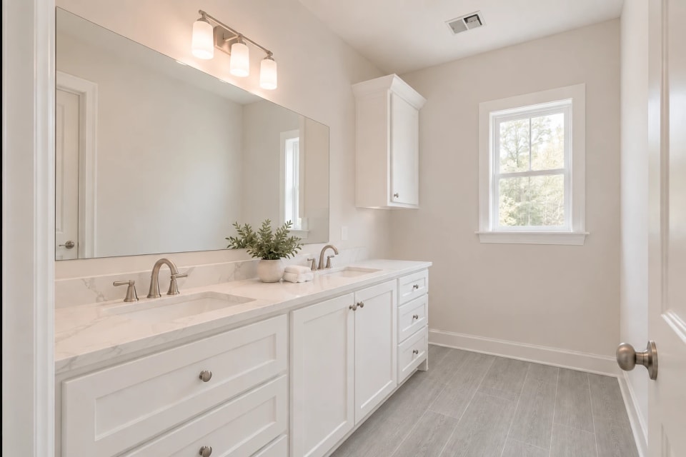 Rendering of the 438 Sandy primary bath double vanity with white cabinets, Calacatta quartz, one large frameless mirror, brushed nickel faucets, and Glenwood Fog wood-look tile floors.