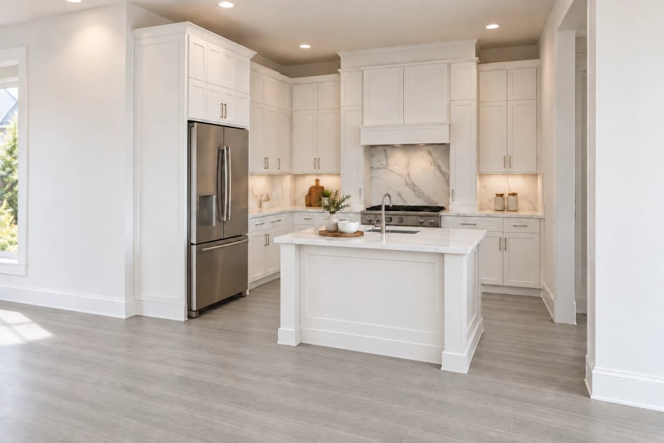 Rendering of the 438 Sandy kitchen with white cabinets, Calacatta countertops and backsplash, and Glenwood Fog wood-look tile floors.