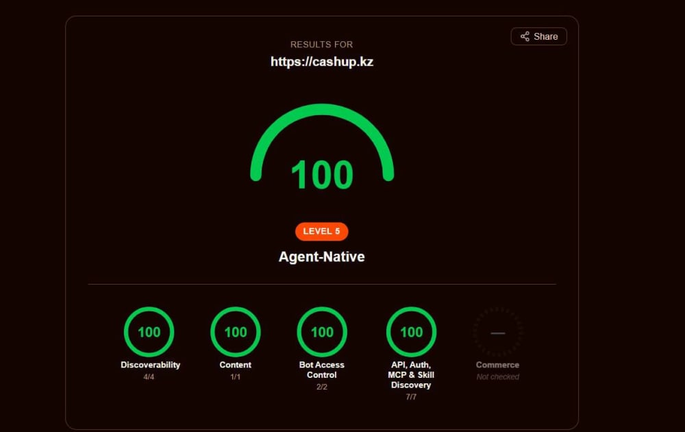 Agentic Native: cashup.kz — 100 баллов, уровень 5 Agent-Native