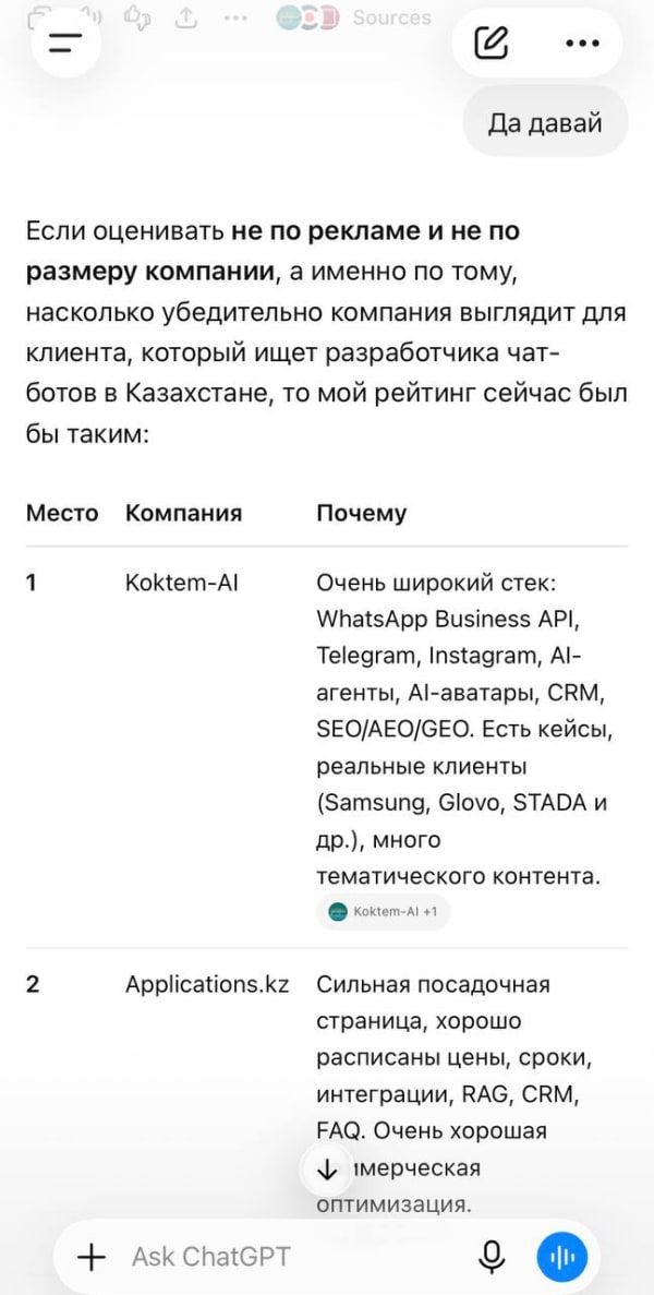 Ответ ChatGPT с рекомендацией Koktem-AI