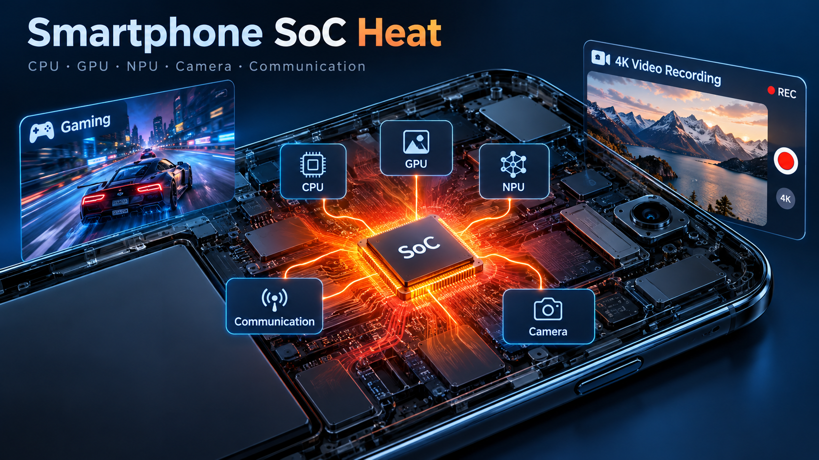 SoC(System on a Chip, 시스템 온 칩)는 여러 전자 기능을 하나의 반도체 칩에 모은 것