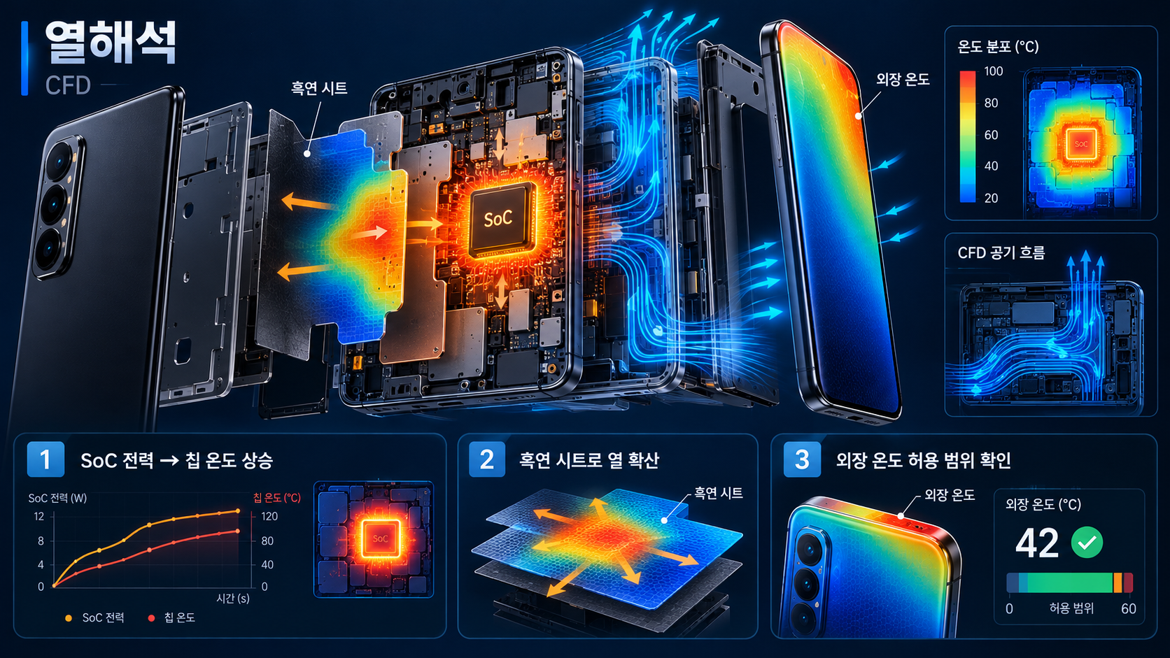 Thermal Simulation(열해석)은 컴퓨터에서 기기의 온도와 열 이동을 계산하는 기술