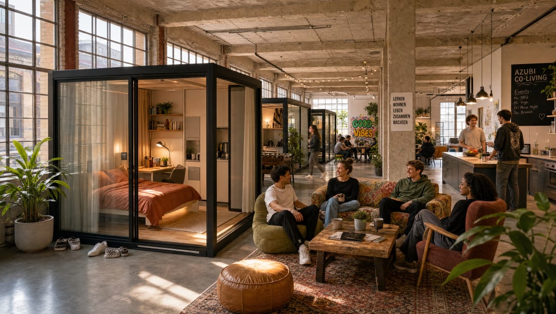 Innenansicht einer Communits-CommUnit mit Arbeitsplatz und Glasfront