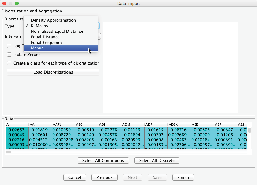 Discretization and Aggregation step with the Type drop-down open and Manual highlighted