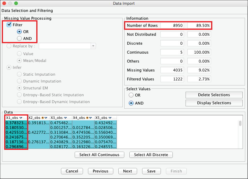 Filter applied to X1_obs only, leaving 8,950 of 10,000 rows