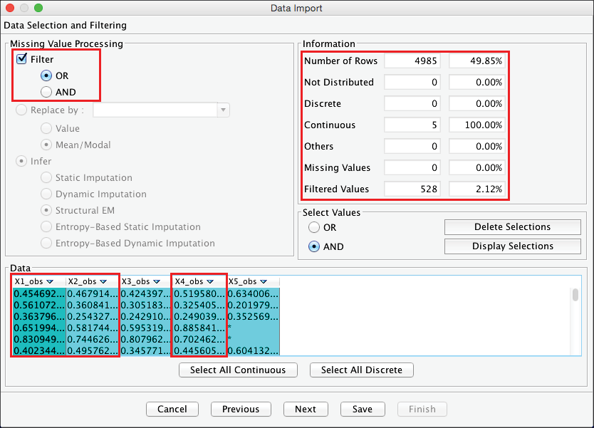 Filter applied to X1_obs, X2_obs, and X4_obs, leaving 4,985 rows and no missing values