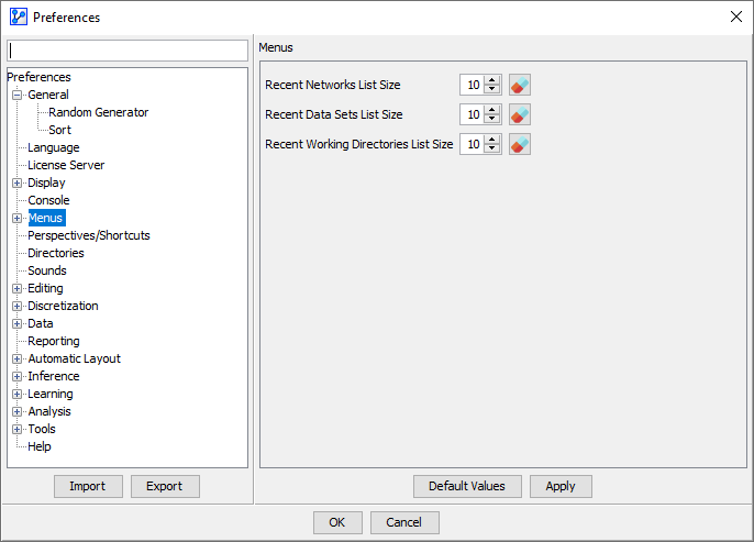 Menus preferences panel
