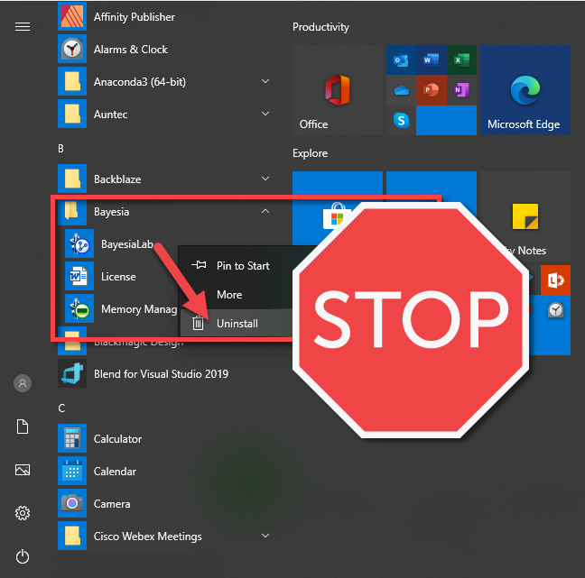 Warning graphic: do not use the standard uninstall method