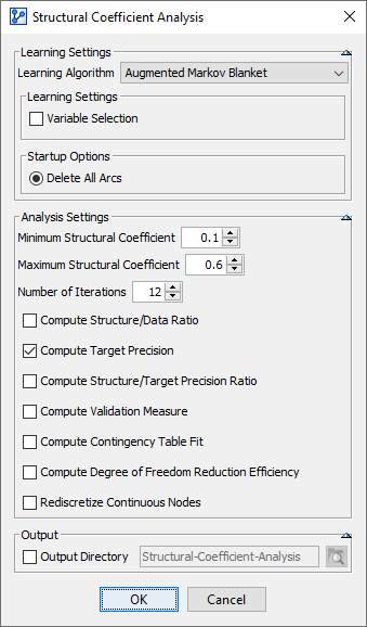 Structural Coefficient Analysis settings (Augmented Markov Blanket) for Target Precision
