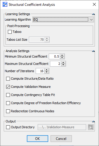 Structural Coefficient Analysis settings for the Validation Measure