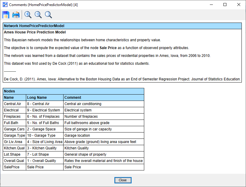 Network Comments report window