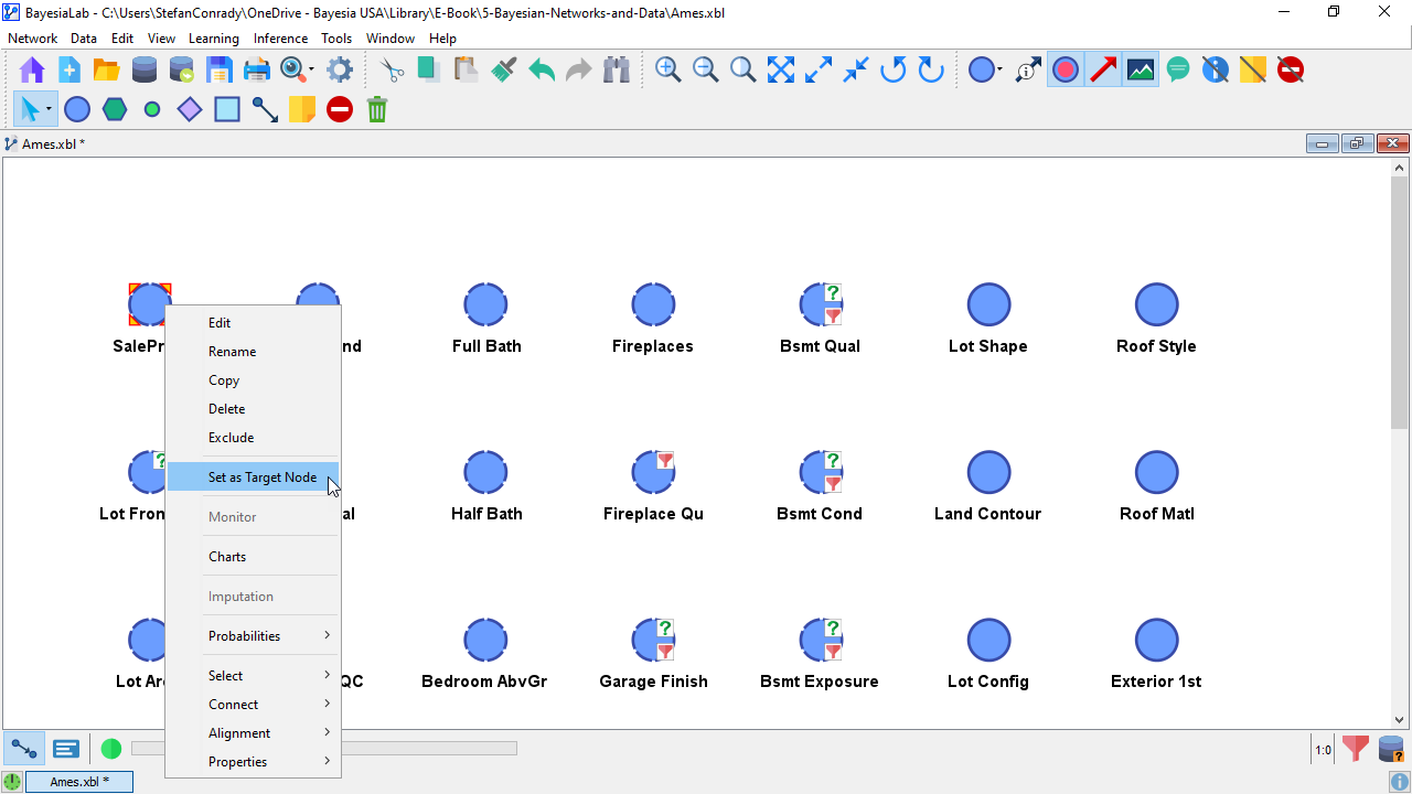 Setting SalePrice as the Target Node via the context menu