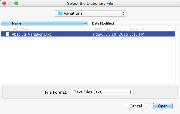 Selecting the saved variations file
