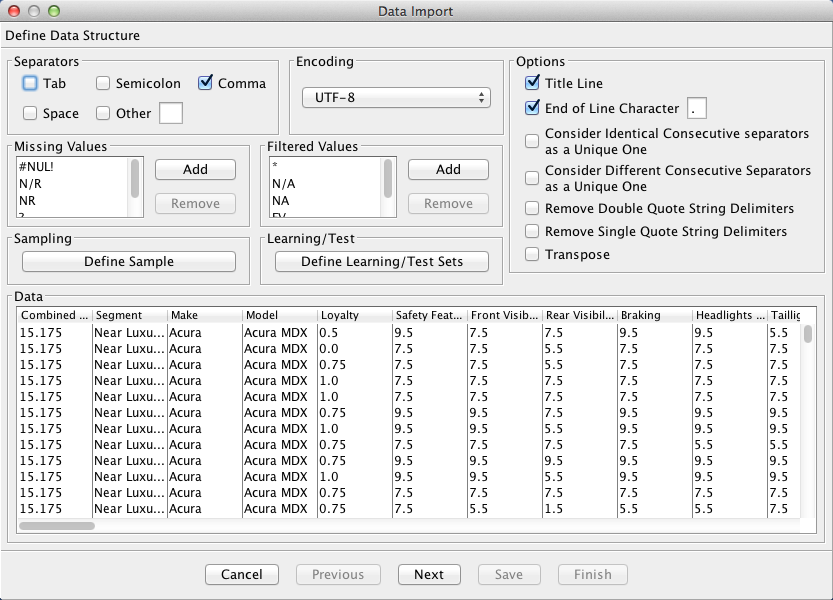 Data Import Wizard showing the survey data table and import options