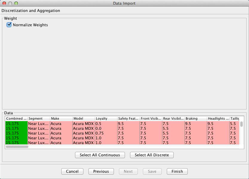 Data Import Wizard with the Normalize Weights option selected