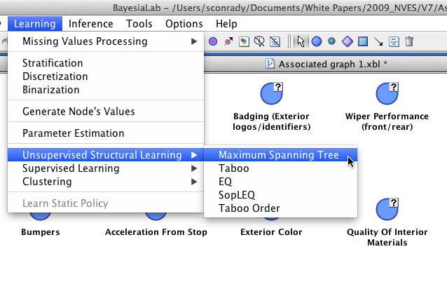 Starting Maximum Weight Spanning Tree learning from the Learning menu