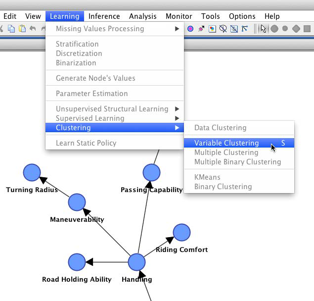 Variable Clustering view with nodes colored by their proposed cluster membership
