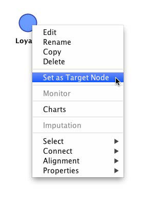 Contextual menu with 'Set as Target Node' selected for the Loyalty node