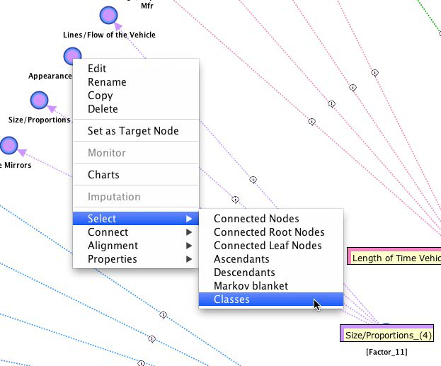 Contextual menu with Select > Classes for selecting the manifest nodes