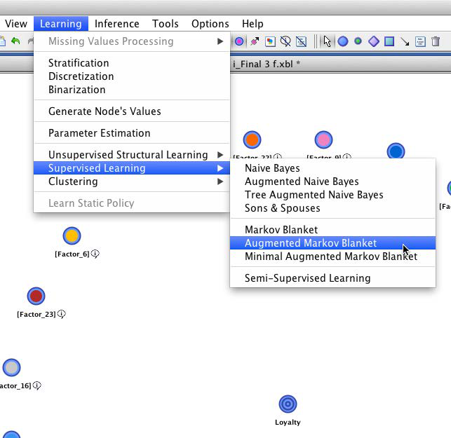 Network learned with the Augmented Markov Blanket algorithm connecting factors to the target