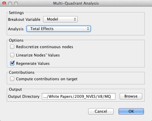 Multi-Quadrant Analysis dialog specifying the output directory for the model networks
