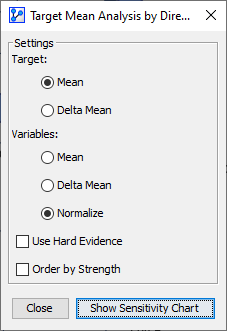 Target Mean Analysis by Direct Effects settings with Normalize selected for the variables
