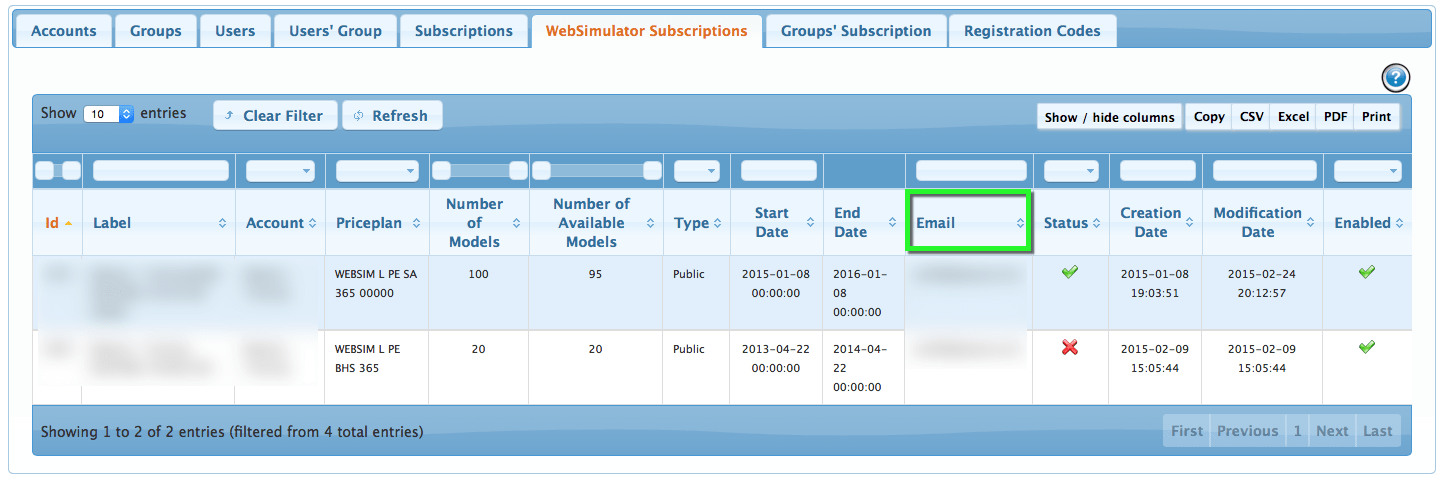Account Management -- WebSimulator Subscriptions