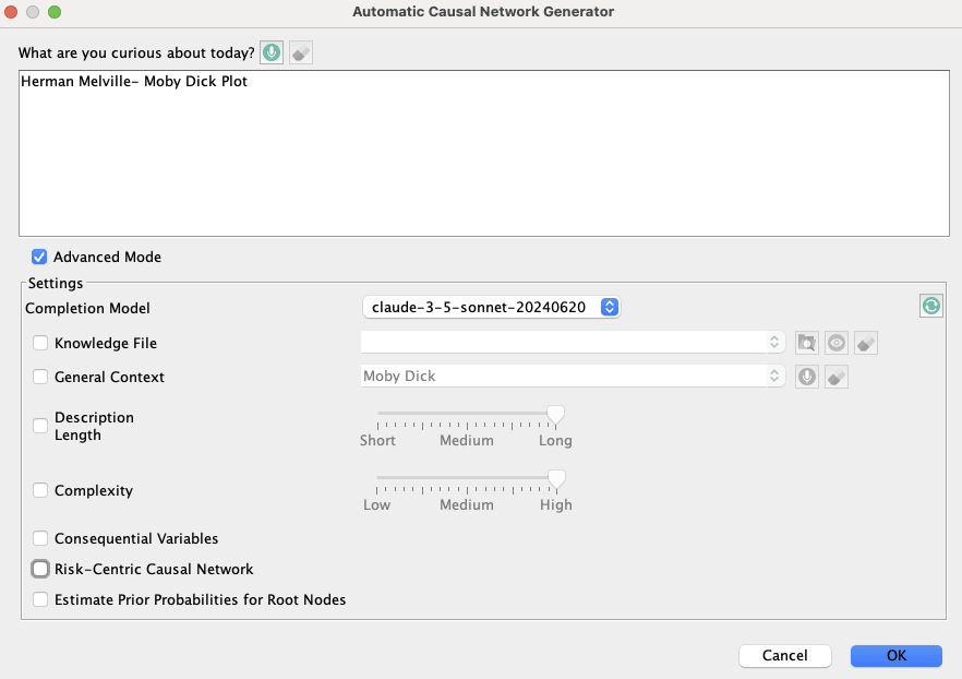 Automatic Causal Network Generator Dialog