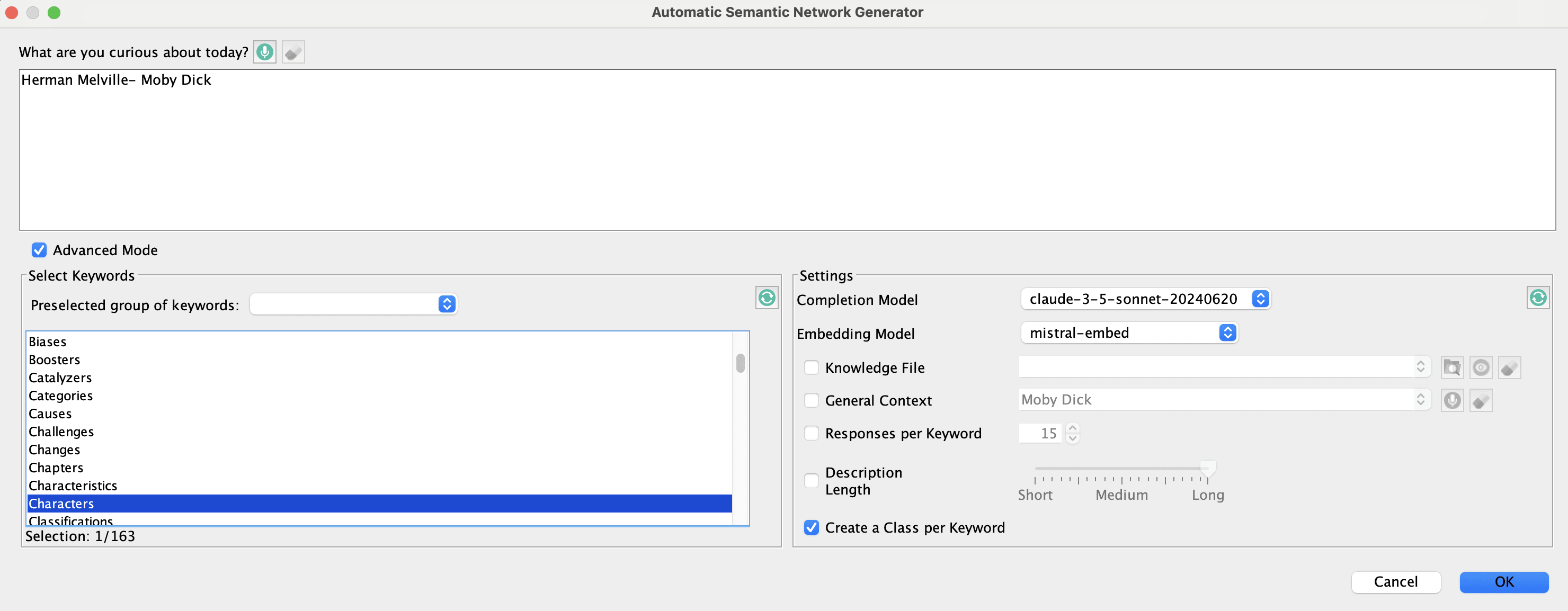 Automatic Semantic Network Generator Dialog