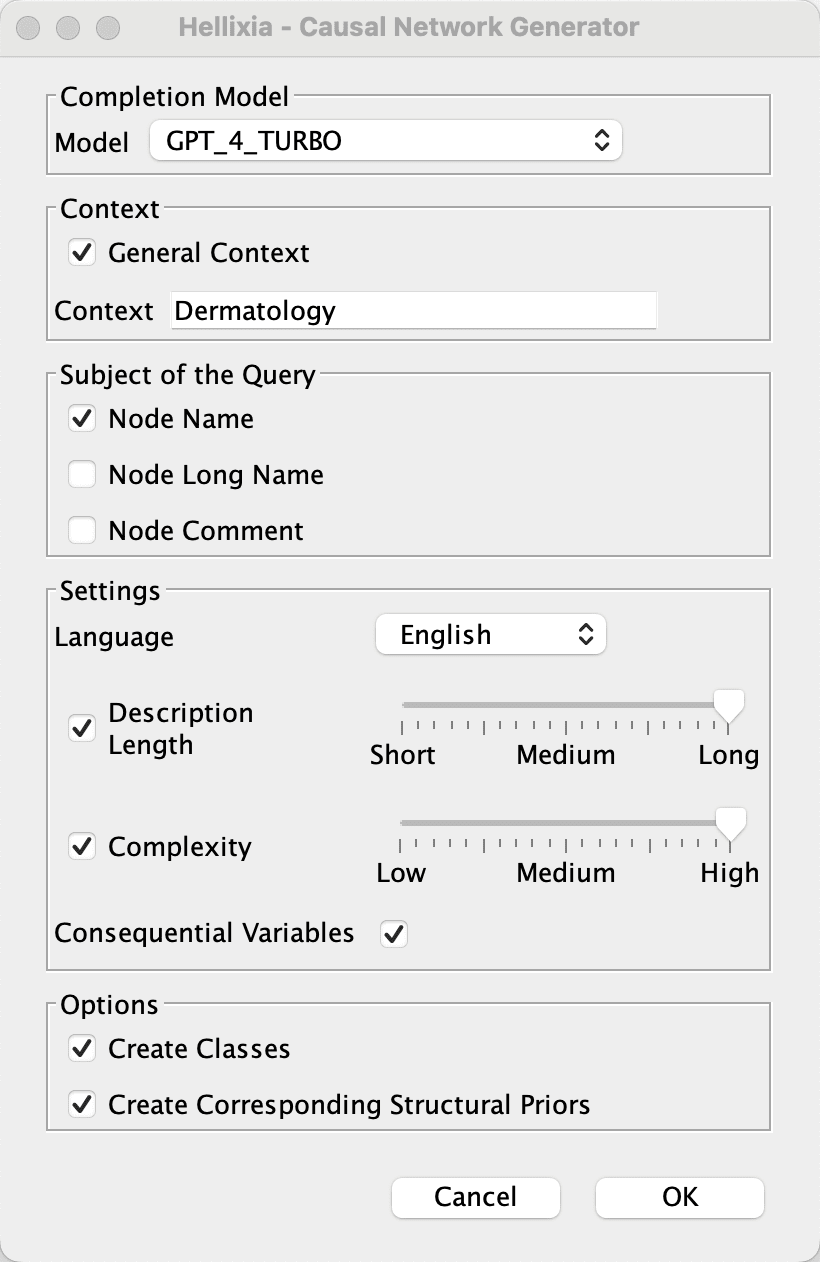 Causal Network Generator Dialog