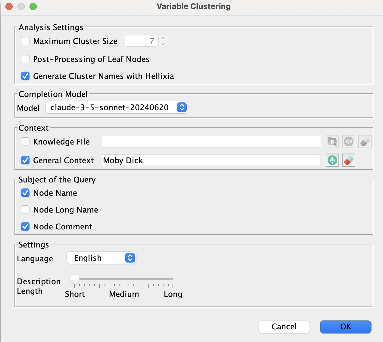 Variable Clustering Dialog