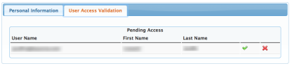 User Access Validation tab for approving users