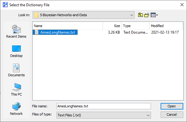 Selecting the AmesLongNames dictionary file