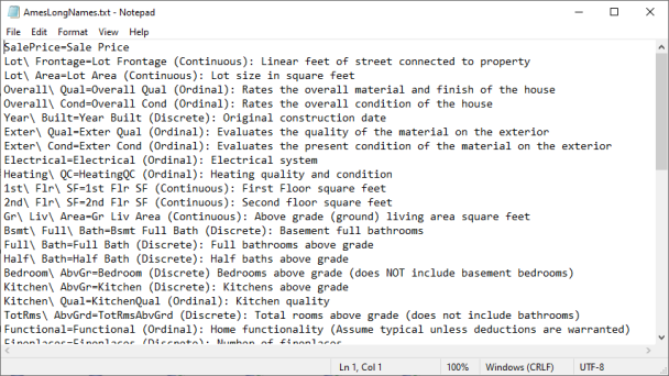 Preview of the Long Names dictionary