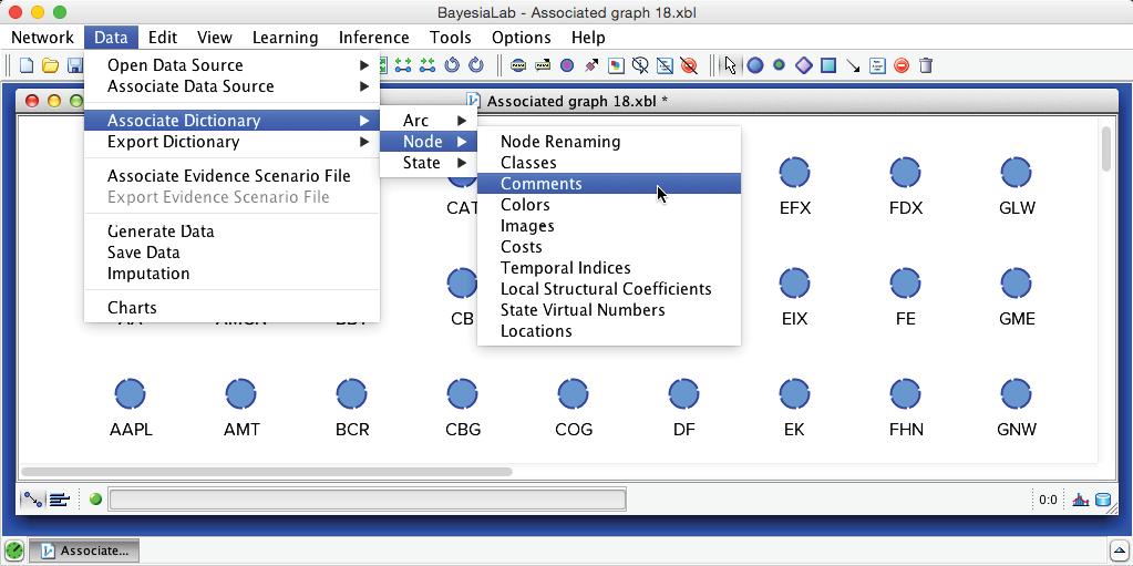 Data menu with Associate Dictionary, Node, and Comments highlighted