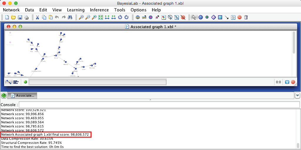 Console log of successive network scores, ending at the final score of 98,606.572