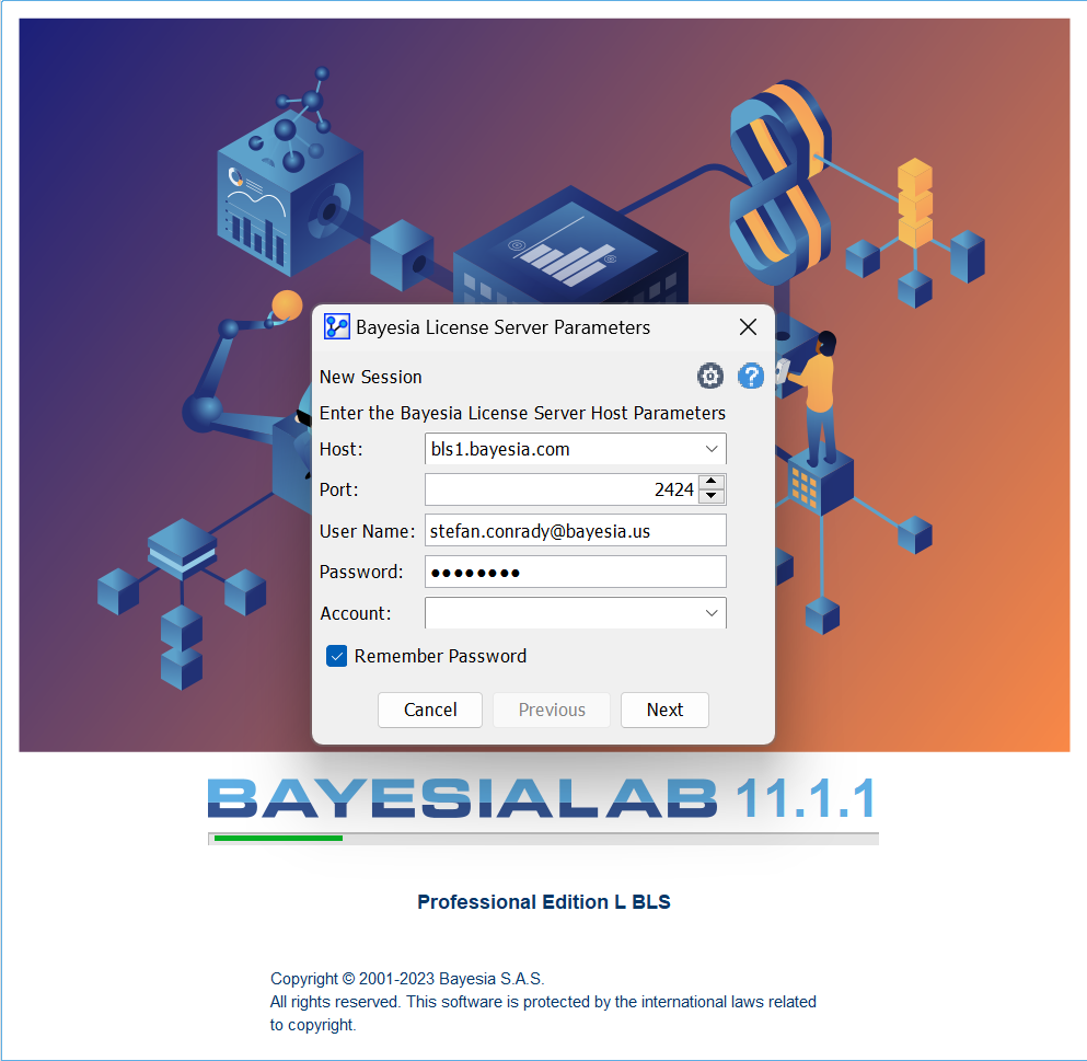 BayesiaLab splash-screen login prompt for the Bayesia License Server