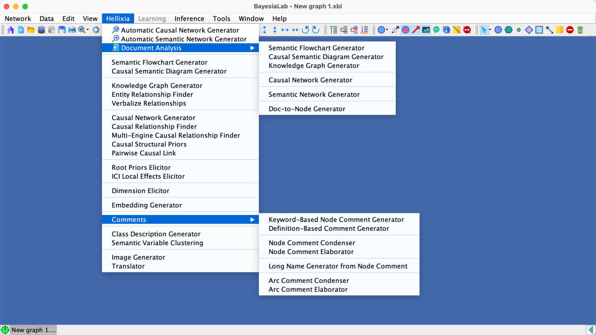 Hellixia menu in BayesiaLab showing prompt-to-network, document-analysis, causal, semantic, authoring, and enrichment functions