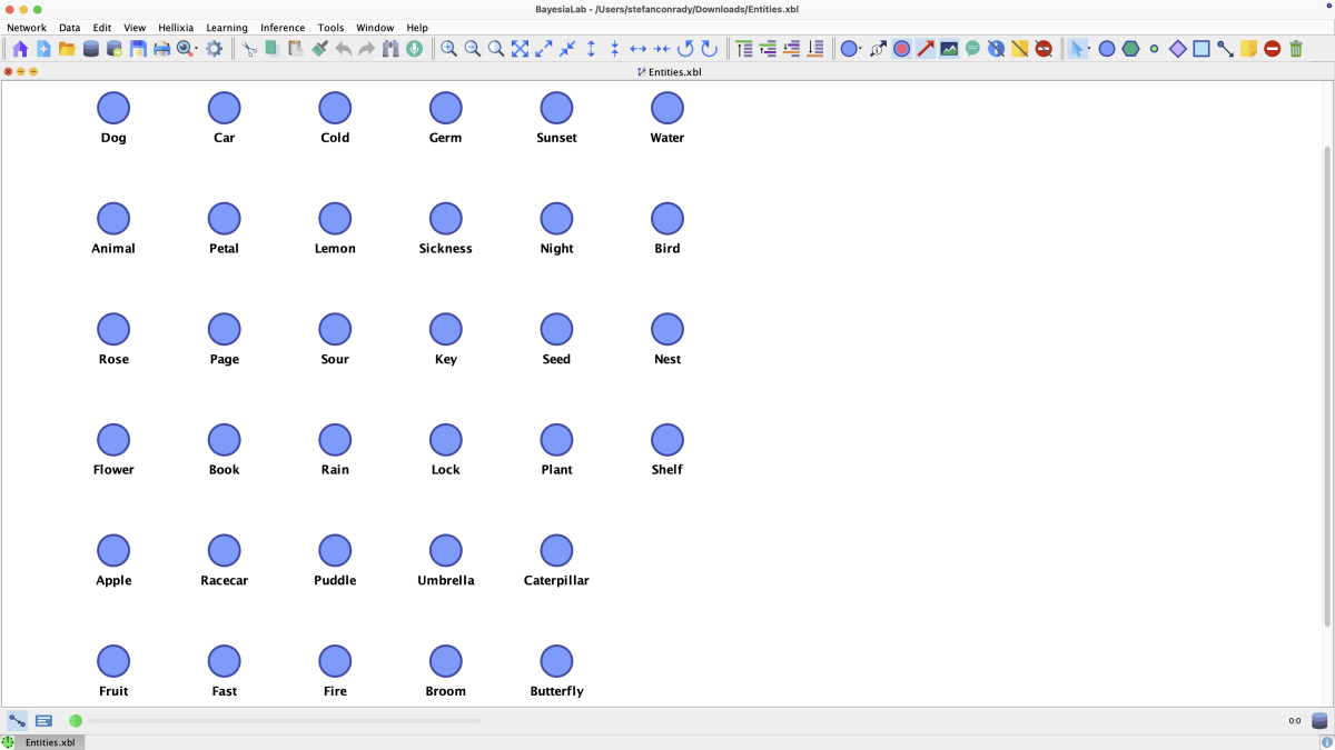 Unconnected entity nodes arranged in a grid before running the Entity Relationship Finder in BayesiaLab