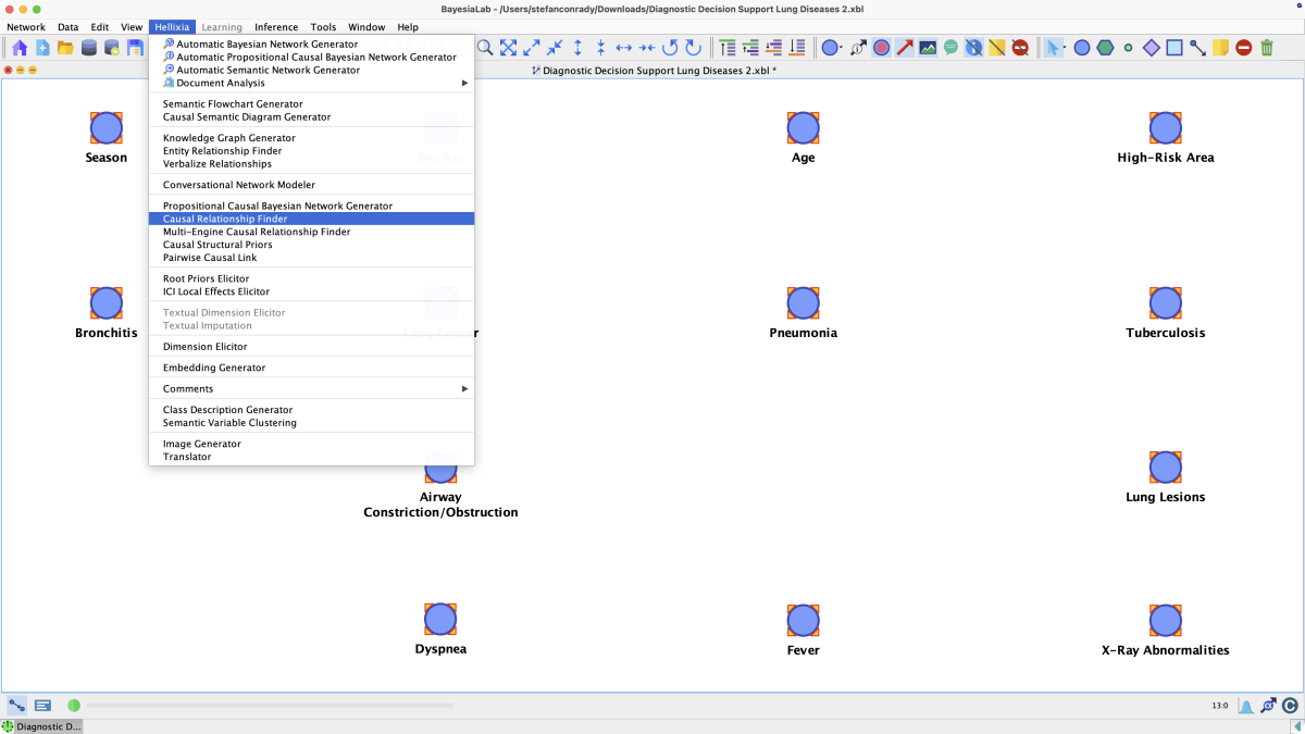 Hellixia menu with Causal Relationship Finder highlighted