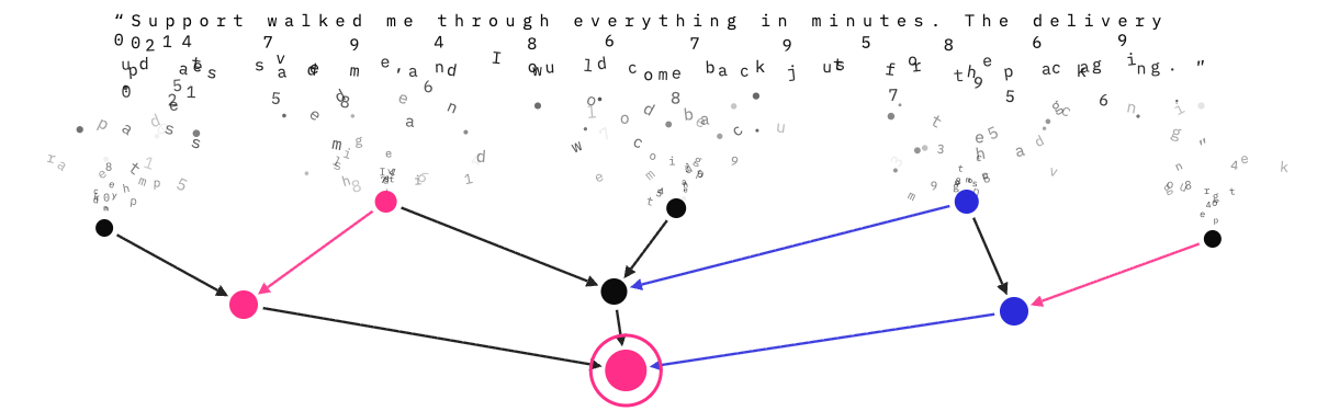 A customer verbatim and survey ratings dissolving into scattered characters that reassemble into a network of pink, blue, and black nodes converging on one highlighted outcome node