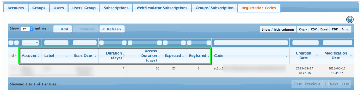 Account Management — Registration Codes