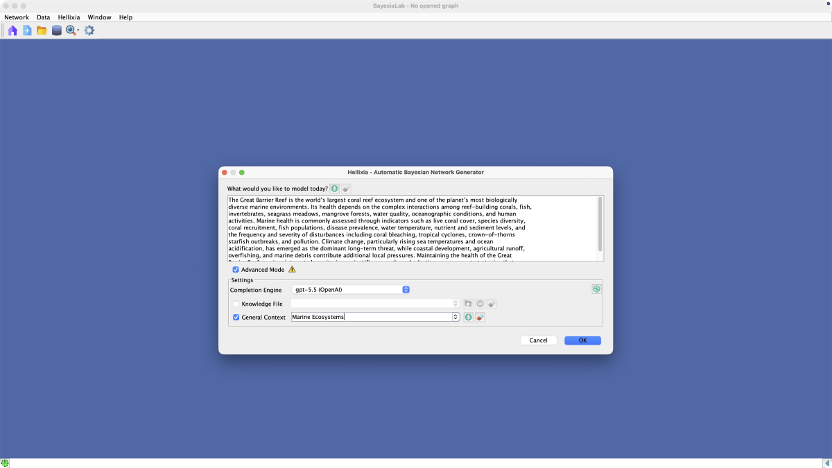 Hellixia Automatic Bayesian Network Generator dialog in Advanced Mode with a Great Barrier Reef modeling prompt, gpt-5.5 completion engine, and Marine Ecosystems general context