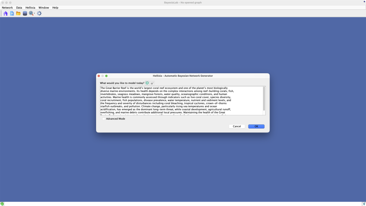 Automatic Bayesian Network Generator dialog with a Great Barrier Reef modeling prompt entered