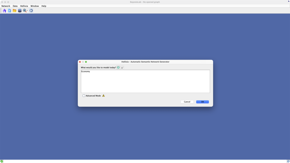 Automatic Semantic Network Generator dialog in basic mode with Economy entered as the modeling domain