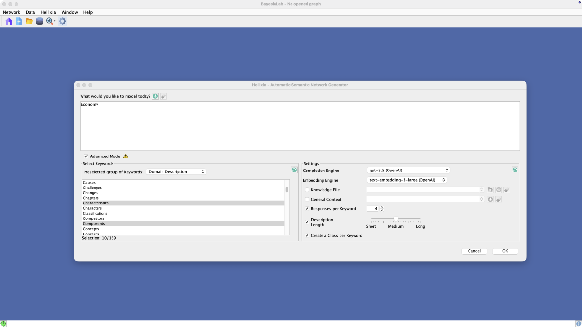 Automatic Semantic Network Generator dialog in Advanced Mode with Economy entered as the modeling domain, keywords selected from the Domain Description group, and the completion and embedding engines configured